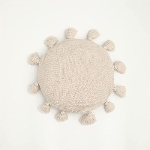 Circular Shape Soft Throw Pillow with Tassels Cute Pillow Covers with Inserts Solid Sofa Cushion Decoration for Chair Bed Couch Living Room Bedroom, 16" (Beige) - color: Beige