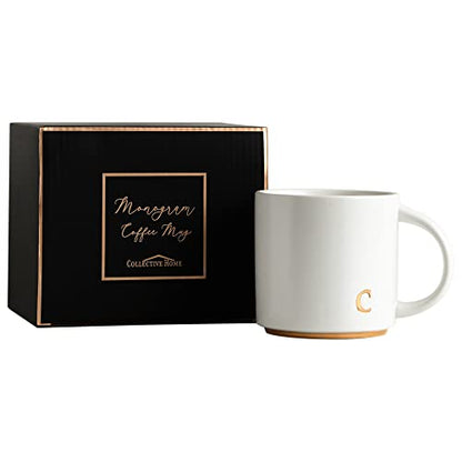 COLLECTIVE HOME Ceramic Coffee Mug, 15 oz Monogram Cup with Gift Box(C) | Dishwasher Safe, Engraved Gold Letter , Personalized Housewarming Birthday Present, Christmas Thanksgiving Mothers Day Gifts - color: gold-c