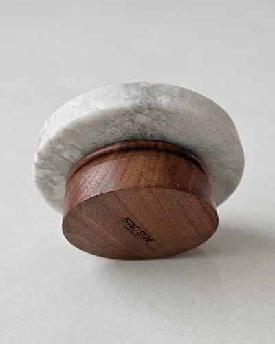 astavohome White Marble & Walnut Round Pedestal Display Riser, 4.7 x 2 in | White marble top with North American walnut wood base for candles, jewelry, keys, vanity accessories, or decor.