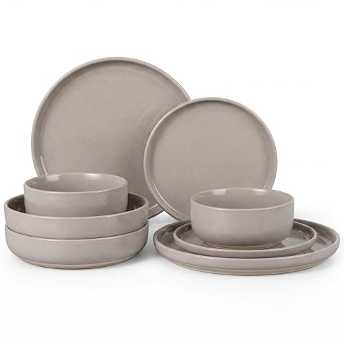 HaWare 8-Piece Plates and Bowls Set for 2, Stoneware Dinnerware Sets with Pasta Bowl, Dishes Set for Home Restaurant, Speckled Cream Coffee - color: Speckled Cream Coffee, size: 8pcs(with Pasta Bowls) for 2