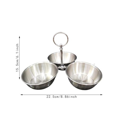 Snack Serving Bowl, 3 Compartment Stainless Steel Snack Stand with Bowls, Divided Serving Tray for Candy Dessert Snacks, Silver