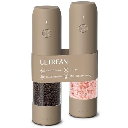 Ultrean Pepper Grinder, Rechargeable Salt and Pepper Grinder Set with 6 Adjustable Coarseness, LED Light, Electric Pepper Mill, Essentials for New Home Housewarming, Brown - color: Brown