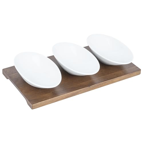 Restaurantware-9 Ounce Bowl Set with Tray - 1 Dishwashable Serving Set, Includes 3 Porcelain Bowls And 1 Bamboo Tray, Durable, White Porcelain And Bamboo Bowl And Platter Kit, Reusable, Freezable - size: Triple set, style: Ellipse
