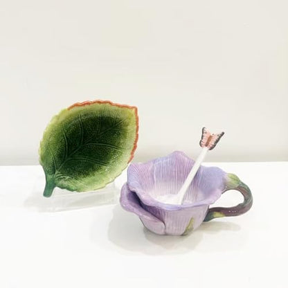 Ceramic Tea Cup and Saucer Set ，6OZ 3D Hand-Painted Flower and Lotus Leaf Coffee Mug，Gift for Women- Pinkish Purple Rose - color: Pinkish Purple
