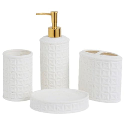 Bathroom Accessories Set 4 Pcs - Ceramic Soap Dispenser, Toothbrush Holder, Tumbler & Soap Dish with Coin Pattern Design, White Bathroom Decor Set for Counter Organization