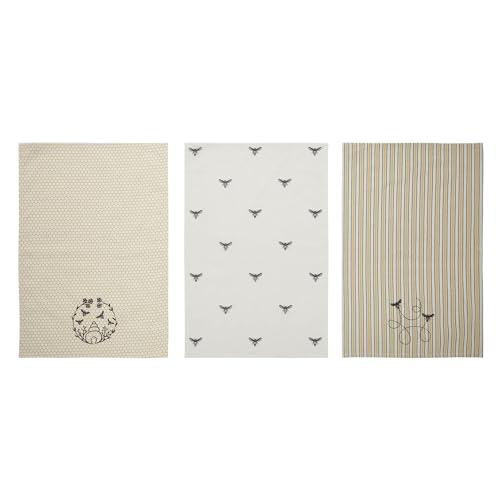 VHC Brands Cotton Kitchen Towel Set of 3, Distressed Appearance, Tea Towel, Dish Towels, Buzzy Bees Collection, Rectangle 28x19, Vintage Yellow - color: Bees Print