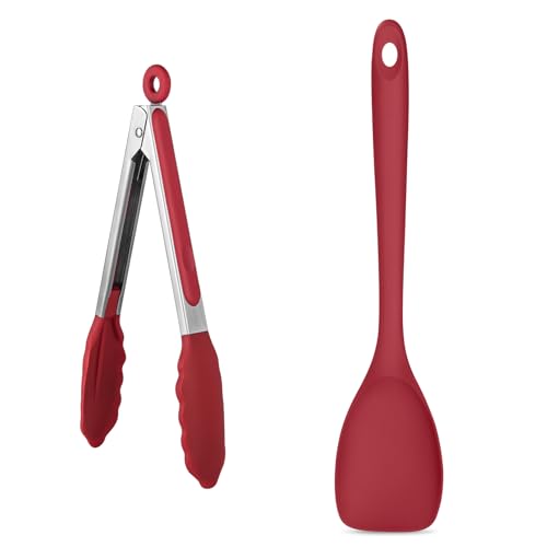 U-Taste 600ºF High Heat 9in Silicone Kitchen Tong and 600ºF Heat Resistat Spatula Spoon Flexible Silicone Cooking Scoop Spoonula (Red)