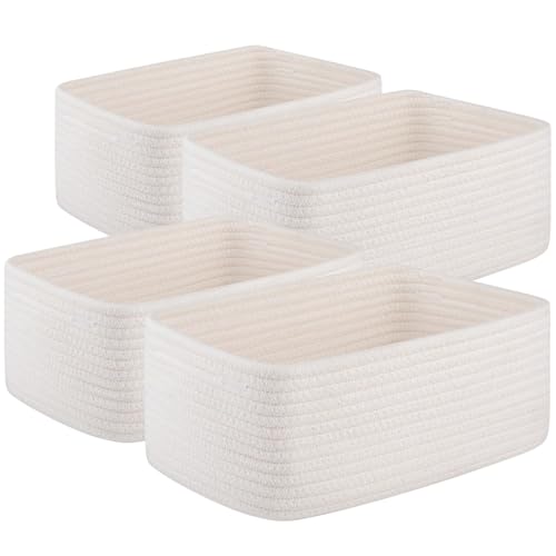 OIASKET 4 Pack Small Storage Shelf Baskets for Organizing, Mini Woven Rope Storage Bins for Towels, Cute Decorative Closet Organizer，Baby Nursery, Gift Empty Baskets -14.17''Lx11.02''Wx6.3''H-White - color: White, size: 14.17"Lx11.02"Wx6.3"H
