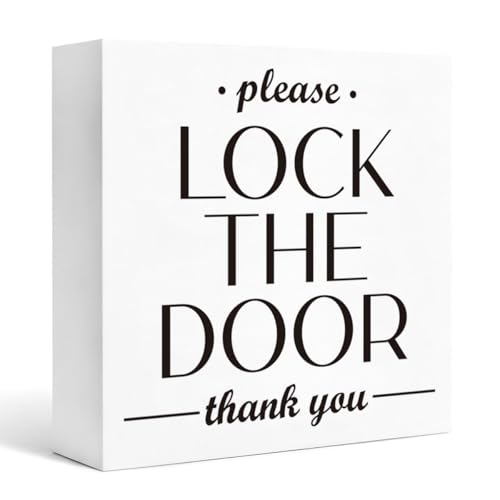Home Decorative Wooden Box Sign for Entryway, Please Lock the Door Thank You White Wood Block Plaque for Shelf Tabletop Display Rustic Home Reminder Accent 5x5 Inches - color: Homre Sign 19