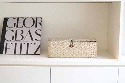 3 Section Seagrass Storage Basket, Handmade Shelf Baskets with Lid for Bathroom/Closet/Livingroom - color: Whitewash 3 Section with Lid