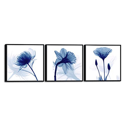 Wieco Art Framed Wall Art Blue Abstract Flowers 3 Panels Canvas Prints Home Art Modern Artwork Wall Pictures for Living Room Bedroom and Home Decorations Black Frame - size: 20x20inchx3pcs (Framed)