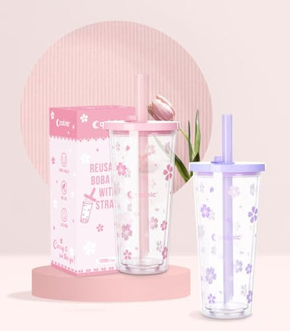 Reusable Plastic Boba Cup With Lids And Straws, 24Oz/700ml Smoothie Cups, Iced Coffee Cup, Leakproof Kawaii Cup, Boba Tumbler With Boba Reusable Straw,Double Wall Clear Bubble Tea Cup - color: Pink