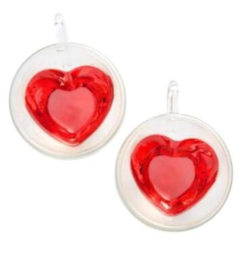 2 Pack Heart Shaped Double Walled Insulated Glass Coffee Mugs or Tea Cups，Beautiful Heart Shape, Thermo Insulated Premium Quality Borosilicate Glass, Set of 2 (8.5 oz, 240 ml)
