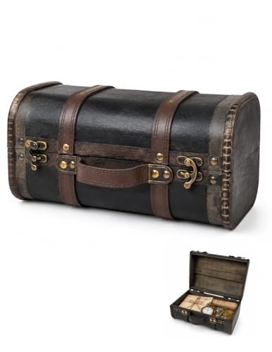 Wooden Treasure Chest Box, Leather Crafting Vintage Small Decorative Storage Boxes, Versatile Display Decorative Box with Hinged Lid for Jewelry Trinkets, Keepsakes, Photo Props(10.4"x5.9"x8.26") - size: 10.4 Inch