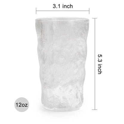 TOSSOW Drinking Glasses Set of 2,Mixed Drink Glassware Sets Glacier Pattern Colorful Glass Water Cups for Wine, Beer, Juice, milk, coffee,Mojito and Cocktail(12 oz) （transparent) - color: Transparent