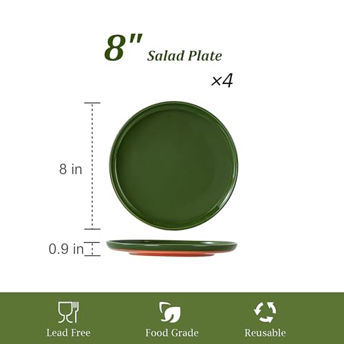 Ceramic Salad Plates Set, 8 Inch, Set of 4, Elegant Green | Stoneware, Dishwasher & Microwave Safe, Small Dinner Plates, For Cake, Fruits, Waffle, Pasta, Salad - color: Green, size: Salad Plates Set (4PCS)