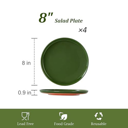 Ceramic Salad Plates Set, 8 Inch, Set of 4, Elegant Green | Stoneware, Dishwasher & Microwave Safe, Small Dinner Plates, For Cake, Fruits, Waffle, Pasta, Salad - color: Green, size: Salad Plates Set (4PCS)