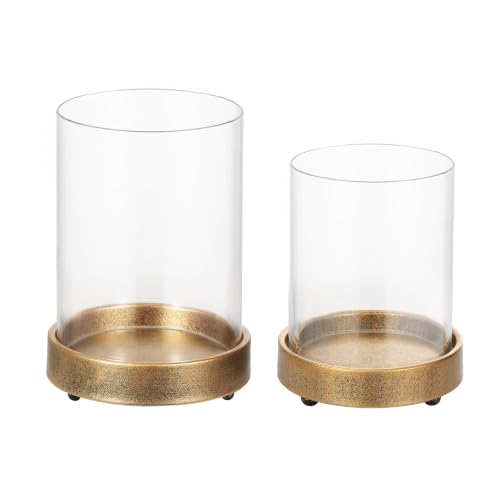 Set of 2 Glass Hurricane Candle Holders for Pillars with Minimalism Metal Base in Antique Gold, Glass Candle Holder, Centerpiece, for Weddings, Dinner Parties, Dining Tables, Console Tables, Mantels - color: Antique Gold