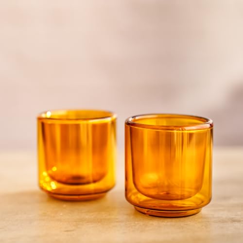 Terra Kaffe Marigold Picco Espresso Glasses - 3 oz, Set of 2 | Double-walled borosilicate thermal insulated stackable coffee cups, heat-resistant clear glassware - color: Marigold, size: 3 Ounces