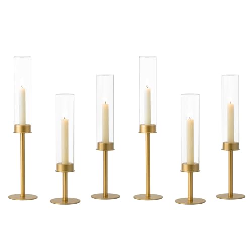 Hewory Gold Candlestick Holders: 6PCS Glass Hurricane with Brass Base | Elegant Tall Taper Candle Holders at 3 different heights, Table Centerpiece for Wedding, Party, Ralph Lauren Christmas Decor - color: Matte Gold, size: 6pcs
