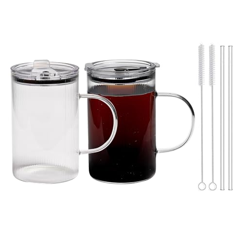 20oz Glass Tumblers with Lids and Straws - Stylish Vintage Ribbed Design for Iced Coffee, Juice, Smoothies, Milkshakes, Cold Beverages & Whiskey Cocktail Beer (Thin Inner Ridge) - color: Thin Inner Ridge