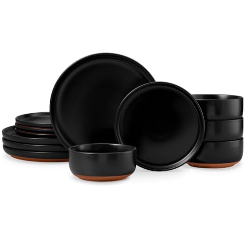 E-far 12-Piece Stoneware Plates and Bowls Sets, Dinnerware Sets for 4, Ceramic Dishware Dishes Set with Terracotta Base, Chip & Scratch Resistant, Microwave & Dishwasher Safe, Matte Black - color: Matte Black, size: Service for 4