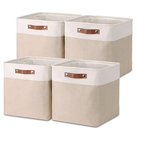 Temary Cube Storage Bins 13x13 Fabric Storage Cubes Baskets Set Of 4 Cloth Baskets for Shelf, Large Bin Empty Basket for Organizing, Shelf Basket (White&Khaki) - color: Khaki, size: 13 x 13 x 13