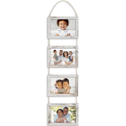 4x6 Wall Hanging Picture Frames Collage with 4 Openings - Distressed White - Casual Style Engineered Wood Frames - Wall Mount Only - Bliss Collection - color: Distressed White, size: 4x6