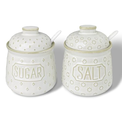 GDCZ 10 Oz Ceramic Salt and Sugar Bowls Set with Lid and Spoons (White) | Convenient Set of 2 for Kitchen, Includes Lids & Matching Spoons, 10oz Capacity, Embossed Pots - color: White
