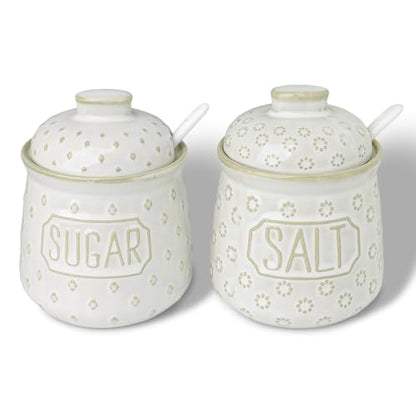 GDCZ 10 Oz Ceramic Salt and Sugar Bowls Set with Lid and Spoons (White) | Convenient Set of 2 for Kitchen, Includes Lids & Matching Spoons, 10oz Capacity, Embossed Pots - color: White