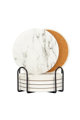 Ceramic Drink Coasters Set of 6 with Holder, Absorbent Coasters with Cork Backing for Coffee Table, Surface Protection, Home Decor and Housewarming Gift (Snow Mist) - color: Snow Mist