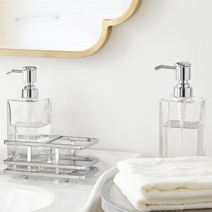Square Glass Clear Lotion and Soap Pump Dispenser Set with Metal Stand Caddy for Bathroom Bath Kitchen Home Office Travel Hotel Hand Crafted Heavy Weight Chrome - color: Chrome