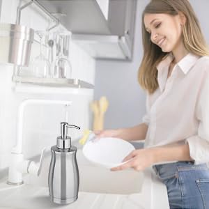 Soap Dispenser Stainless Steel - Brushed Nickel Pump Dispenser Bottle Refillable Liquid Hand Dish Soap Dispenser for Bathroom, Kitchen, Countertop, Silver (13.5 Oz / 400ML) - color: Curved-silver