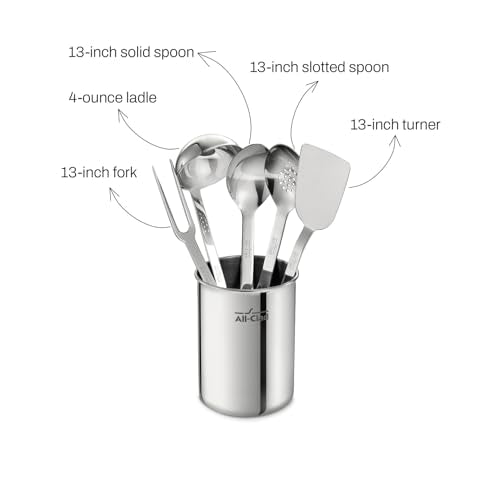 All-Clad 5-Piece Stainless Steel Kitchen Utensil Set – Includes Ladle, Solid Spoon, Slotted Spoon, Turner & Storage Caddy – Heavy-Gauge, Ergonomic, Dishwasher Safe, Silver (Pack of 2) - size: 5-Piece (Pack of 2)