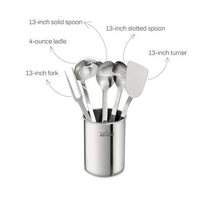 All-Clad 5-Piece Stainless Steel Kitchen Utensil Set – Includes Ladle, Solid Spoon, Slotted Spoon, Turner & Storage Caddy – Heavy-Gauge, Ergonomic, Dishwasher Safe, Silver (Pack of 2) - size: 5-Piece (Pack of 2)