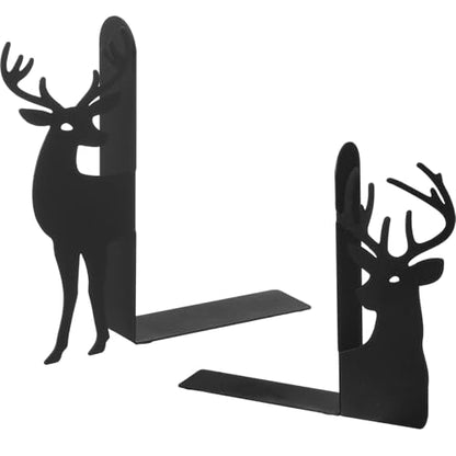 Reindeer Metal Bookends Set of 2 Black Reindeer Head Christmas Book Ends for Shelves Elk L Shaped Book Organizer for Desk Organizer Deer Lovers and Reading Enthusiasts - style: Christmas Reindeer