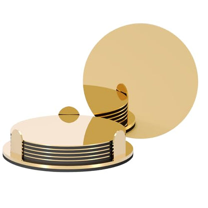 Gold Stainless Steel Coasters with Holder, Modern Mirror Drink Coaster Set of 6, Unique Round Cup Coasters with Non-Slip EVA Base, Housewarming Décor for Coffee Bar and Dining Table