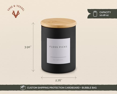 Mini Glass Apothecary Jars with Bamboo Lids, Small Bathroom and Kitchen Storage Containers, For Cotton Balls, Pads and Swabs, 10 oz, Set of 3 (Matte Black) - color: Matte Black