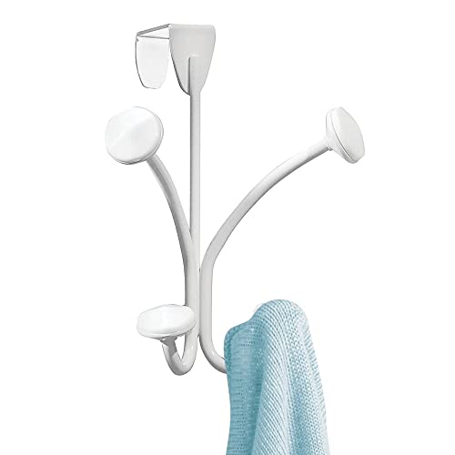 mDesign Decorative Over Door 4 Hanging Hooks, Steel Storage Organizer Rack for Coats, Hoodies, Hats, Scarves, Purses, Leashes, Bath Towels, Robes, Mens and Womens Clothing - White