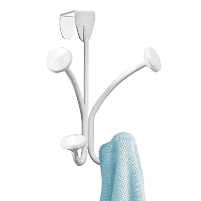 mDesign Decorative Over Door 4 Hanging Hooks, Steel Storage Organizer Rack for Coats, Hoodies, Hats, Scarves, Purses, Leashes, Bath Towels, Robes, Mens and Womens Clothing - White