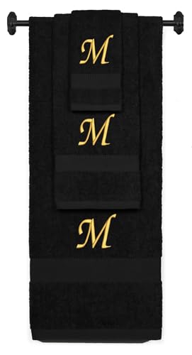 Monogrammed Bath, Hand, Washcloth Cotton Towel Set, Personalized Gift 3Pc-M - color: Black & Gold, size: Initial M