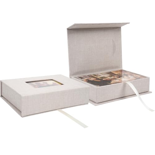 Linen Photo Keeper Box 4x6 in, Clear Window Beige | Magnetic closure storage, holds 4x6 photos, memory keepsake for wedding baby gift, sturdy organizer - color: Beige, size: 4 x 6 Inch