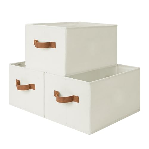 StorageWorks Closet Storage Bins with PU Handles, Ivory White, Large | Closet Organizers and Storage Bins, Foldable Shelf Baskets, Clothes Storage Basket for Organization - color: Ivory White, size: Large
