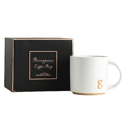 COLLECTIVE HOME Ceramic Coffee Mug, 15 oz Monogram Cup with Gift Box(g) | Dishwasher Safe, Engraved Gold Letter , Personalized Housewarming Birthday Present, Christmas Thanksgiving Mothers Day Gifts - color: gold-g