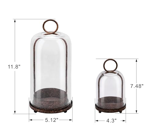 5" & 4" Wide Versatile Metal Candle Holder in Rustic Brown with Handmade Thick, Heavy & Sturdy Glass Dome for Pillar Candle, Industrial, Modern, Shelf, Mantel, Veranda, Porch - color: Brown