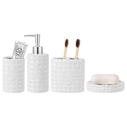 White Ceramic Bathroom Accessories Set, 4 Piece, Honeycomb Design with Soap Dispenser Pump, Tumbler, Toothbrush Holder, Soap Dish - color: White 005