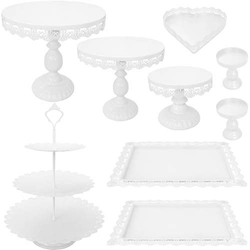 Set of 9 Cake Stands Metal Cupcake Stand Set Multiple Styles Candy Fruit Display Tower Dessert Plate Cake Serving Tray for Birthday Party Wedding Anniversary Baby Shower Engagement (White) - color: White