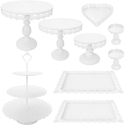 Set of 9 Cake Stands Metal Cupcake Stand Set Multiple Styles Candy Fruit Display Tower Dessert Plate Cake Serving Tray for Birthday Party Wedding Anniversary Baby Shower Engagement (White) - color: White