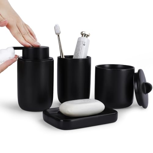 BosilunLife Black Ceramic Bathroom Accessories Set of 4 | Bathroom Decor Sets Accessories Bathroom Foam Soap Dispenser and Toothbrush Holder Set, Soap Dish, Apothecary Jars.(Foam) - color: Smooth-black-foam