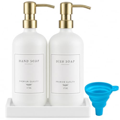 Thick Glass Soap Dispenser - Kitchen Dish Hand Soap Dispenser Set,Rustproof Pump Soap Lotion Dispenser Bathroom with Tray,14 Stickers for Kitchen Decor White Bottle/Gold Pump - color: White Bottle/Gold Pump + Tray + Funnel